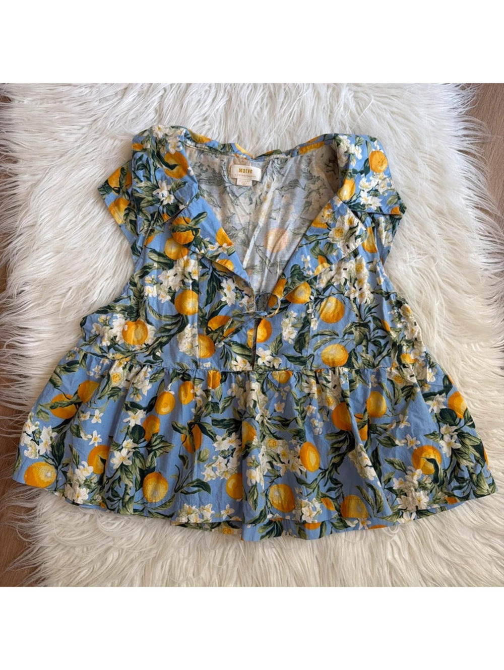 Maeve Yellow + blue floral babydoll top size XL
